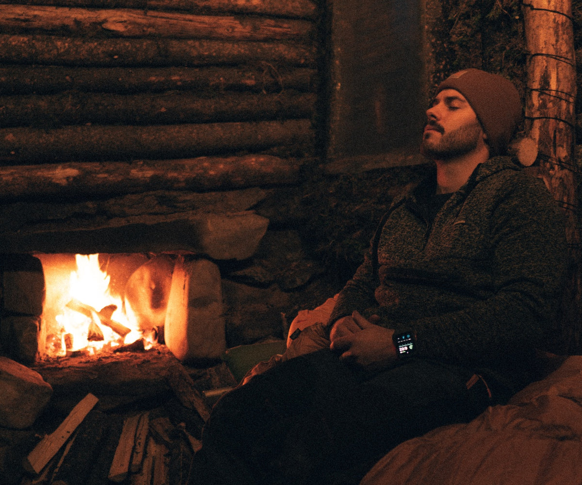 Resting beside the fireplace in the first cabin