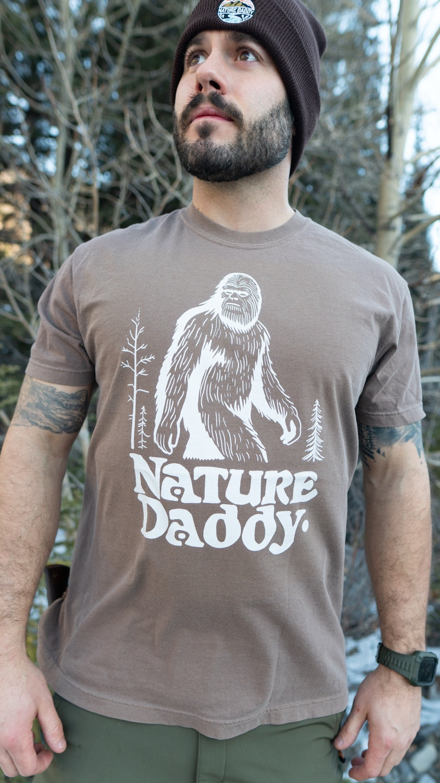 Nature Daddy Sasquatch T-shirt worn outdoors